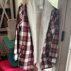 Never worn Disney Minnie Christmas Plaid Sherpa Lined Open Front robe/cardigan
